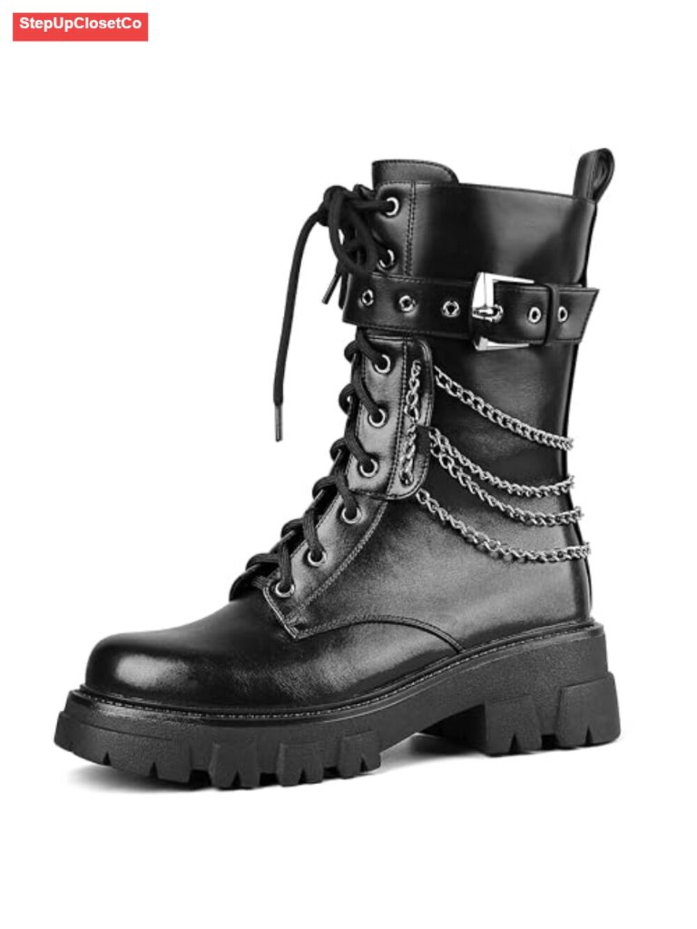 Motorcycle Combat Boots for Women Rhinestone Chunky Biker Ankle Boots Lace Up